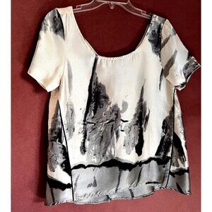 Abstract Artsy Print Blouse Top Women Size L  Black White Satin Look Short Slvs.